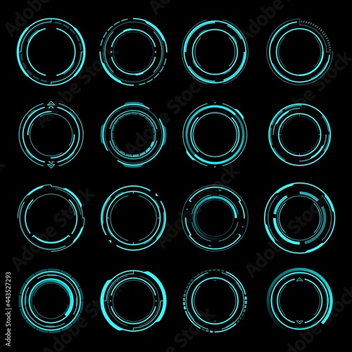 HUD round frames. Aim and target control panels, digital interface of Sci Fi and shooting games. Futuristic head up display frames and borders design for aim or target vector screens