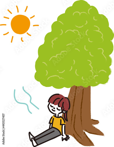 木陰で休む女性のイラスト
