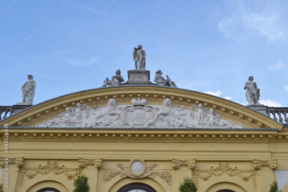 GERMANY,KASSEL-JULY 30,2018: Bas-reliefs and sculptures on the facade of the Orangerie building in Karlsaue