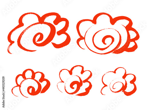 筆書き・手描きの花丸イラストセット　朱墨　満点　100点　はなまる　花マル
