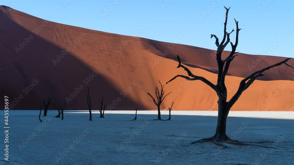 Zoom out time lapse view of sunrise over Deadvlei showing dead Camelthorn trees against giant sand dunes, Namib-Naukluft National Park, Namibia, Africa. Zoom out time lapse view of sunrise over Deadvlei showing dead Camelthorn trees against giant sand dunes, Namib-Naukluft National Park, Namibia, Africa.