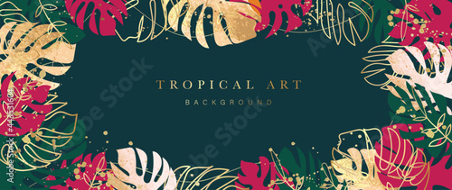 Abstract art background vector. Luxury minimal style wallpaper with golden line art tropical  leaves and botanical leaves, Watercolor. Vector background for banner, poster, Web and packaging.