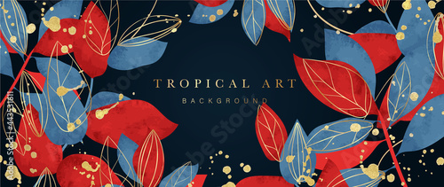Abstract art background vector. Luxury minimal style wallpaper with golden line art tropical  leaves and botanical leaves, Watercolor. Vector background for banner, poster, Web and packaging.