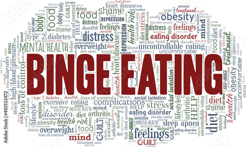 Binge eating vector illustration word cloud isolated on a white background.