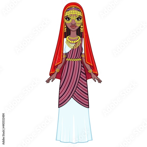 African beauty: animation portrait of the beautiful black woman in a traditional ethnic jewelry. Full growth. Princess, Bride, Goddess.Vector illustration isolated on a white background. 