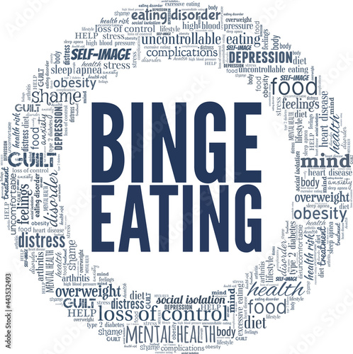 Binge eating vector illustration word cloud isolated on a white background.