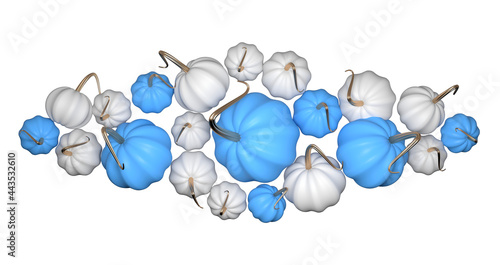 Beautiful autumn composition of blue and white pumpkins with golden tails. Cartoon style. Top view. 3d illustration photo