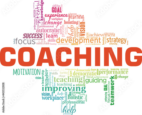 Coaching vector illustration word cloud isolated on a white background.