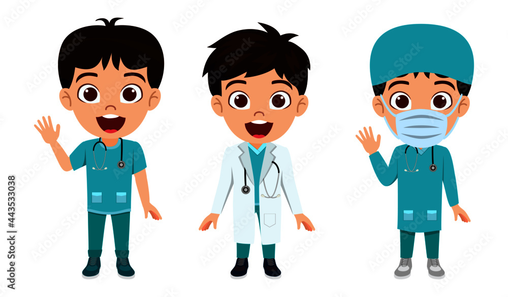 Happy kid boy doctors nurse team character standing and posing Happy kid boy doctors nurse team character standing and posing