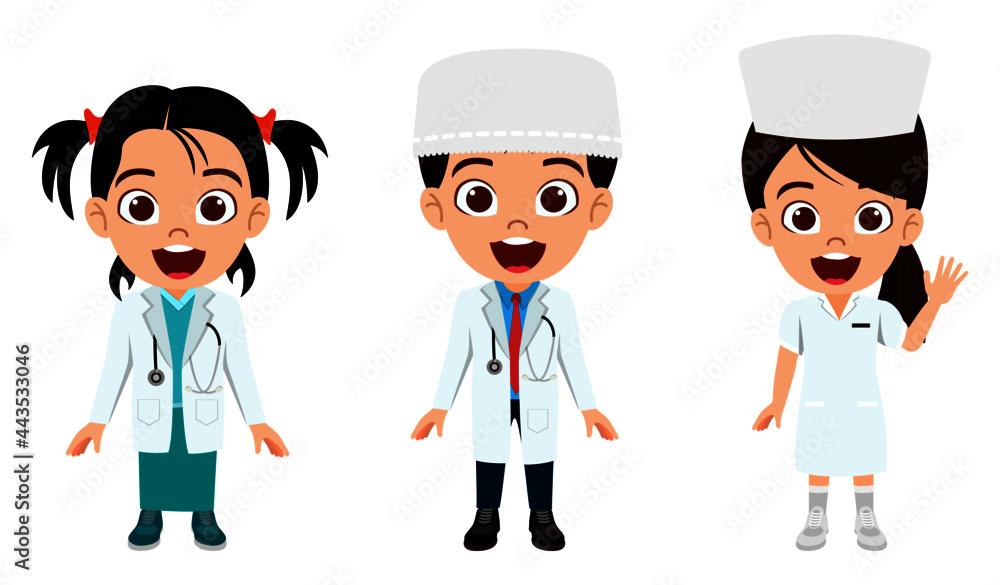 Happy kid doctors nurse team character standing and posing