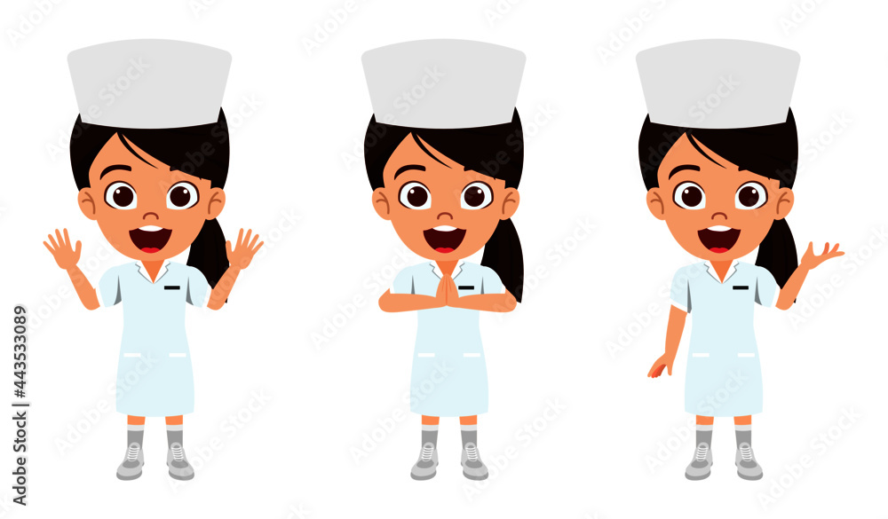 Happy cute kid girl character nurse doing different actions isolated Happy cute kid girl character nurse doing different actions isolated