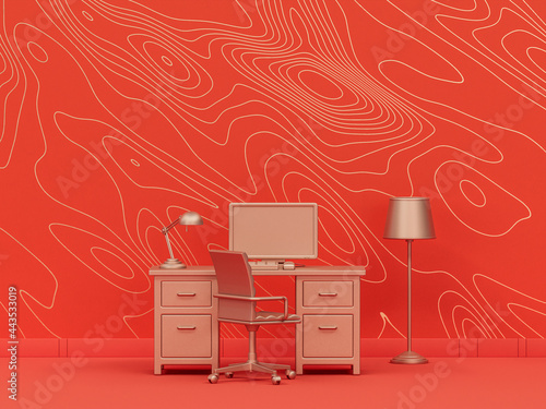 office room with desk, computer and chair in orange background interior room with wave pattern, monochrome single color metallic gold, 3d rendering