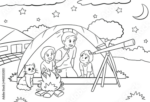 Coloring Pages Contain Family Camping and Use Binoculars to see The Stars Black And White Vector Illustration for Coloring Book