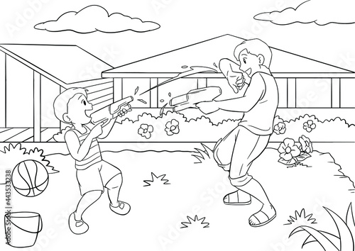 Coloring Pages Contain Father and Boys Playing Water Guns Toys in the Backyard Black And White Vector Illustration for Coloring Book