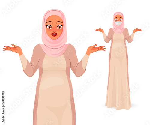 Confused pregnant Muslim woman shrugging shoulders. Vector illustration.