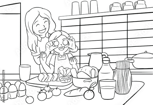 Coloring Pages Contain Kids make Cookies in The Kitchen With Mama Black And White Vector Illustration for Coloring Book