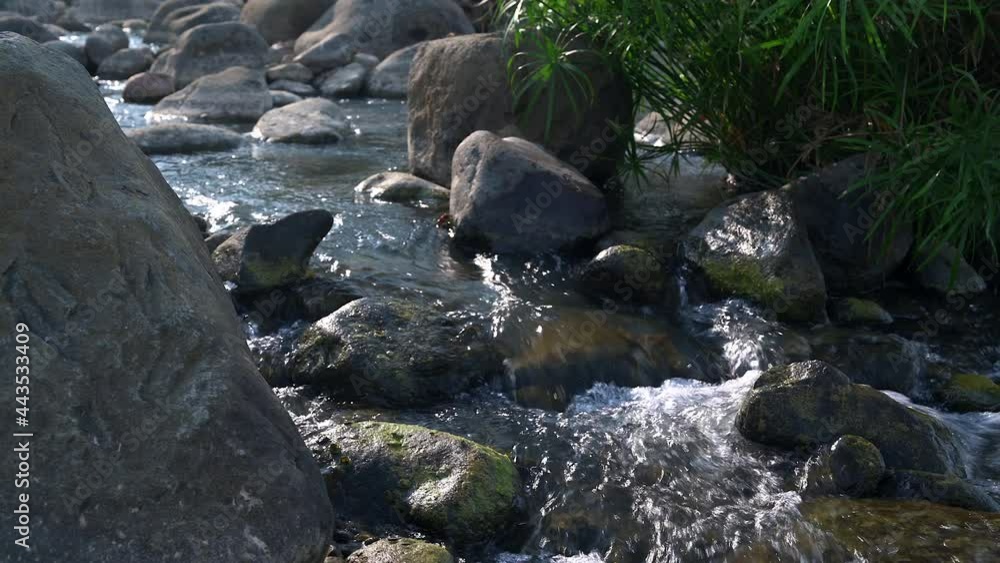 Panning shot view of rocks and water flow at natural riverside Panning shot view of rocks and water flow at natural riverside
