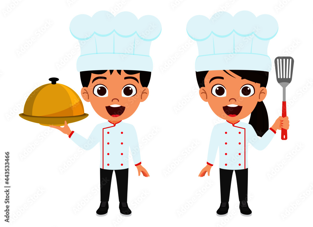Happy cute kid boy and girl character chef standing and holding food isolated Happy cute kid boy and girl character chef standing and holding food isolated