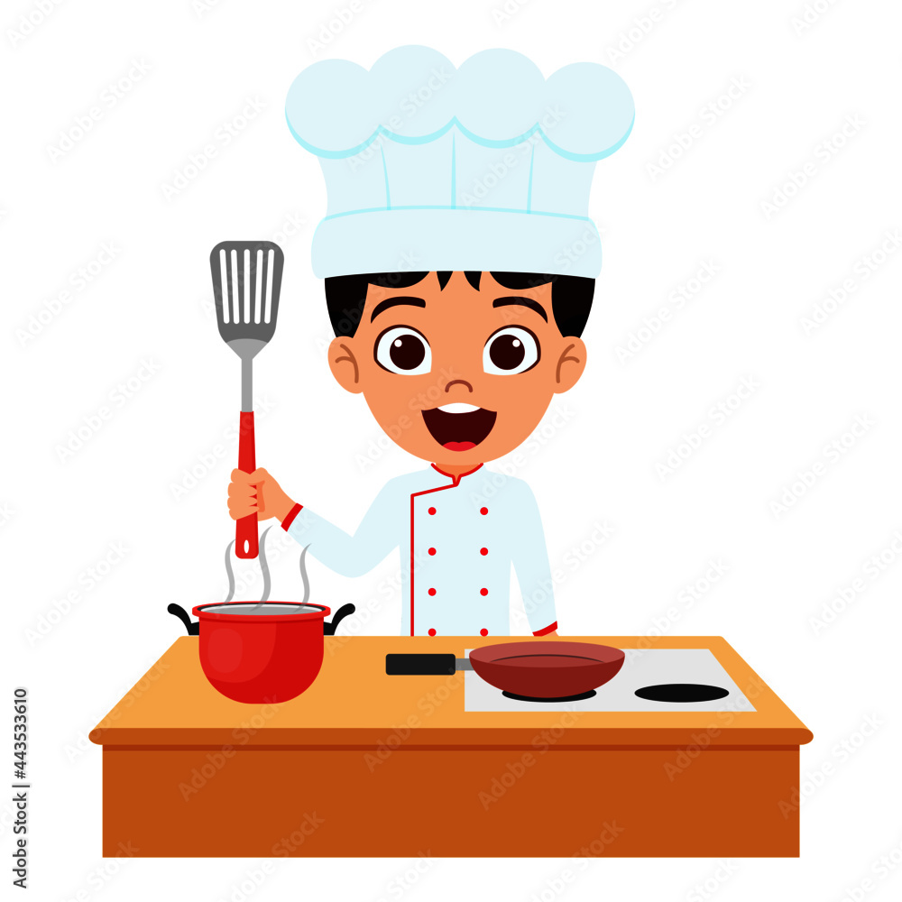 Happy cute kid boy character chef standing and holding spoon and cooking with cheerful expressions Happy cute kid boy character chef standing and holding spoon and cooking with cheerful expressions