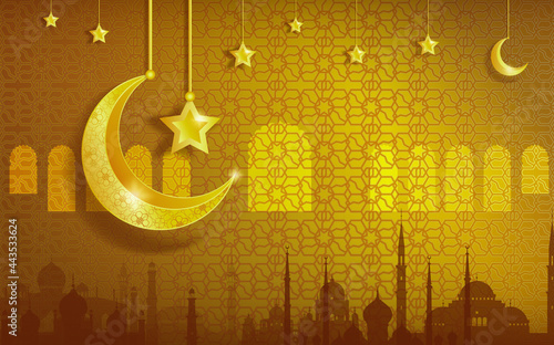Happy muharram islamic new year festival with golden background.