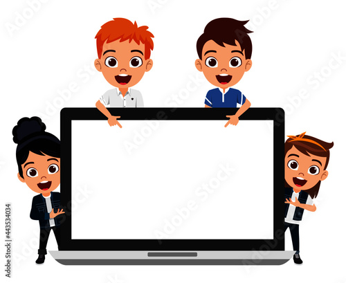 Happy cute kid boy and girl characters with blank laptop screen and pointing to