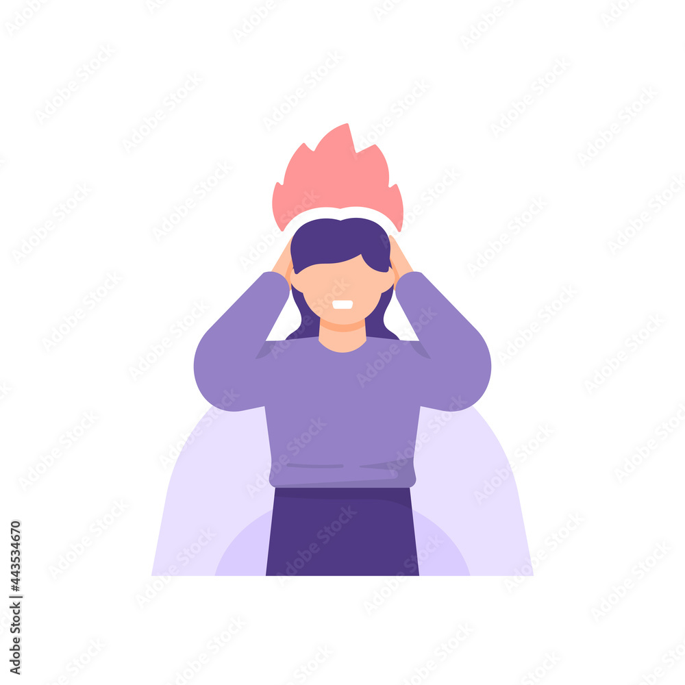illustration of a woman who is in a state of burnout. frustrated or stressed employees. mental illness. the head feels hot or burning. flat cartoon style. vector design