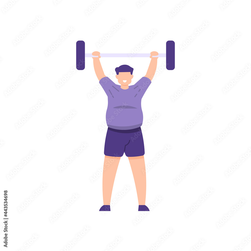 illustration of a fat man lifting a barbell to burn fat. weightlifting. bodybuilders, athletes lift weights, activities in the gym or fitness. Sports. flat cartoon style. vector element design illustration of a fat man lifting a barbell to burn fat. weightlifting. bodybuilders, athletes lift weights, activities in the gym or fitness. Sports. flat cartoon style. vector element design
