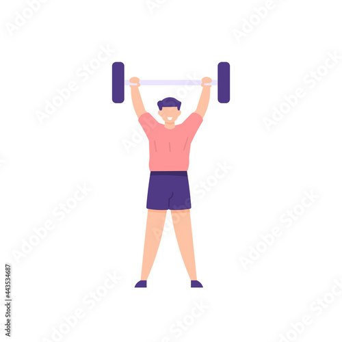 illustration of a man lifting a barbell. lifting weights, exercising. bodybuilders, athletes lift weights, activities in the gym or fitness. Sports. flat cartoon style. vector element design