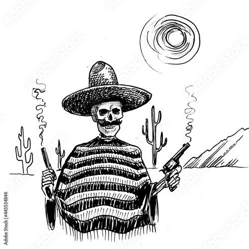 Dead Mexican bandit with a smoking guns. Ink black and white drawing photo