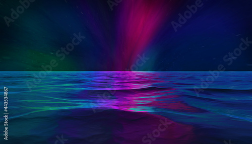 dark colorful fantasy sky with violet pink blue and green reflecting to sea water reflection of deep ocean