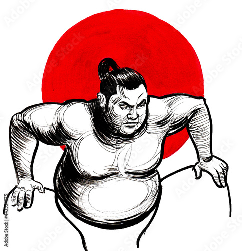 Foto Ink and watercolor drawing of a Japanese sumo wrestler