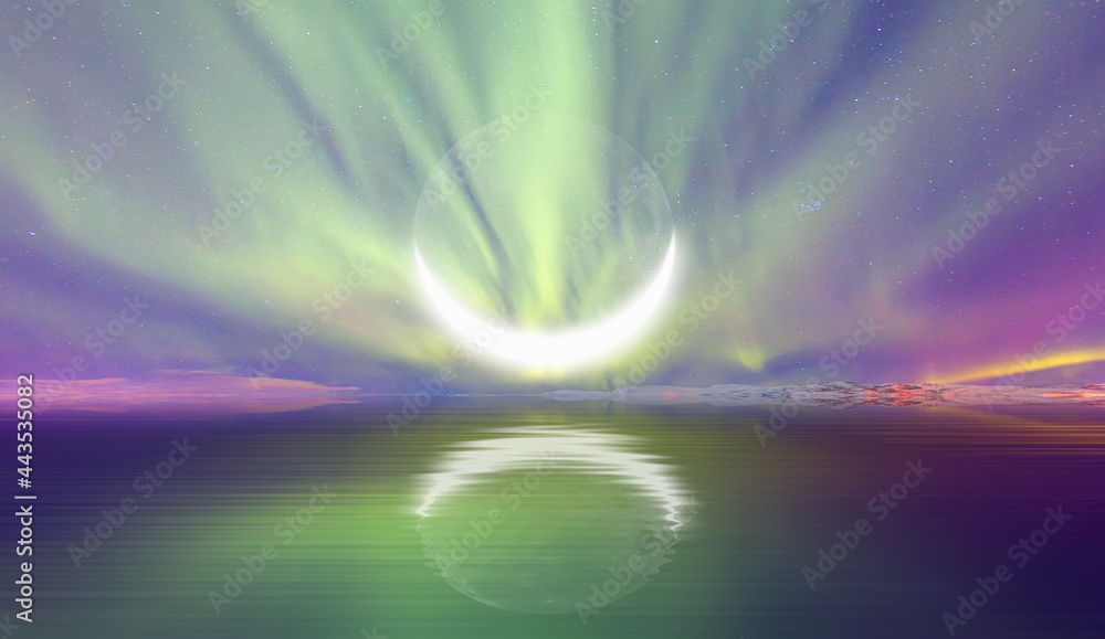 Northern lights (Aurora borealis) in the sky with crescent moon - 