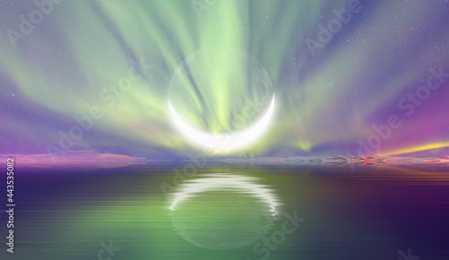 Northern lights  Aurora borealis  in the sky with crescent moon -  Elements of this image furnished by NASA 