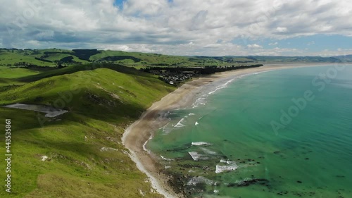 Beautiful Landscape At The Shoreline Of Porangahau Beach Under Cloudy Day In New Zealand. aerial photo