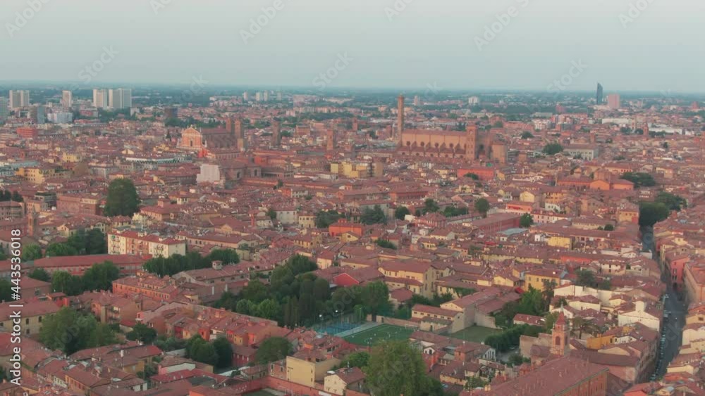 Downtown Bologna, Italy while sunset - aerial drone shot Downtown Bologna, Italy while sunset - aerial drone shot