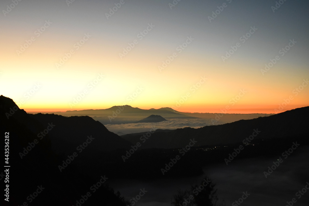 areal view of sunrise on mountain bromo