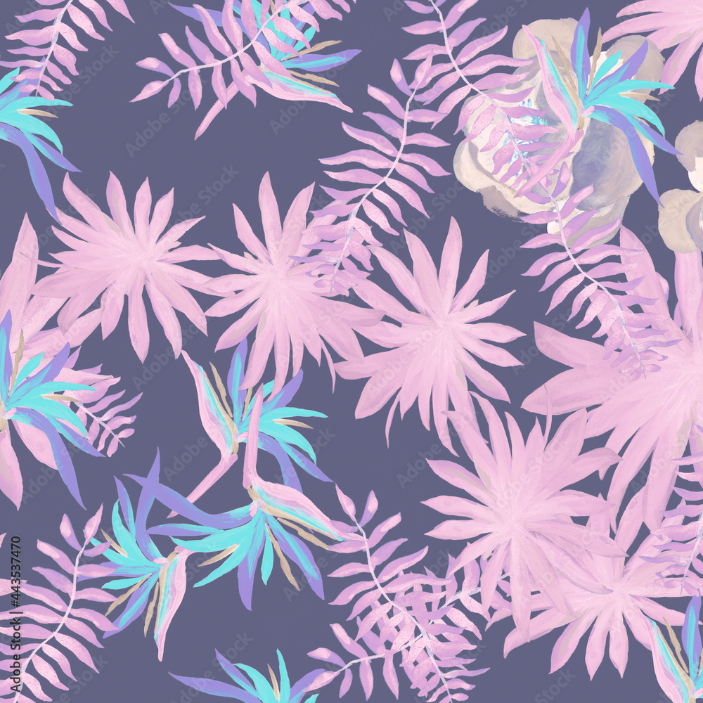 Navy Pattern Textile. Purple Tropical Leaves. Violet Floral Design. Cobalt Flora Palm. Indigo Decoration Exotic. Blue Wallpaper Background. Coral Spring Illustration.