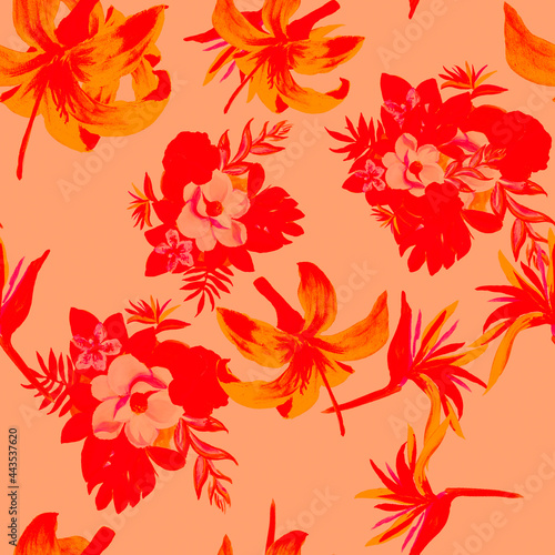 Ruby Pattern Exotic. Pink Seamless Nature. Red Tropical Textile. Scarlet Flower Leaves. Coral Wallpaper Exotic. Decoration Illustration. Watercolor Illustration.