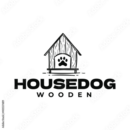 Wooden House Dog Pet, Dog Kennle Drawing Logo Vector Illustration Template Icon Design 