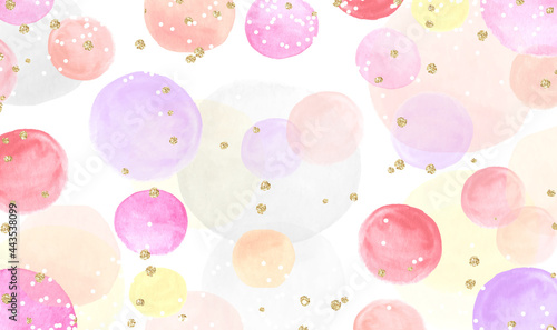 Colorful watercolor drops on white background with gold glitter confetti. Round pink, purple, red and yellow alcohol ink watercolor with golden confetti. Hand drawn multicolor dot texture.Vector EPS10