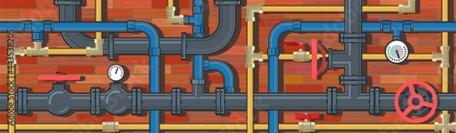 Pipeline system. Seamless pattern. horizontally Background picture. Brick wall. Vector