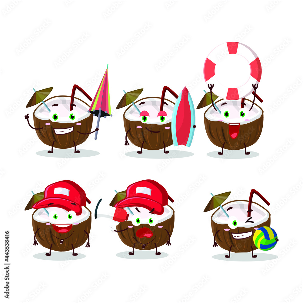 Naklejka premium Happy Face coconut drink cartoon character playing on a beach. Vector illustration