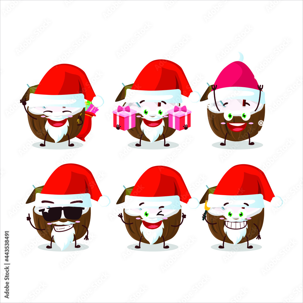 Santa Claus emoticons with coconut drink cartoon character. Vector illustration