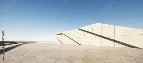 Colorful abstract background: geometric building of cement.

(Car backplate, 3D rendering computer digitally generated illustration.)