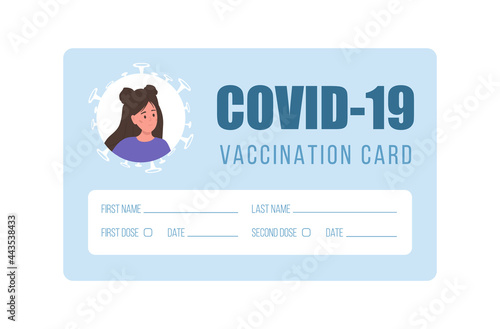 Vaccination card concept. Blank template with female photo. Woman receives Covid 19 vaccine injection. Check of safety from coronavirus. Vector illustration in flat cartoon style.