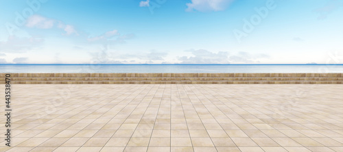 Colorful abstract background: empty stone floor top and skyline.

(Car backplate, 3D rendering computer digitally generated illustration.)