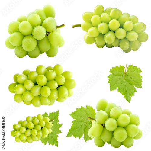 Set of cutout beautiful bunch of fresh green Shine Muscat grape and leaf isolated on white background