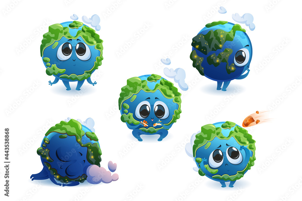 Cute planet Earth character with different emotions isolated on white  background. Vector set of cartoon funny Earth smile, sleep, play with plane  and ship, scared by meteorite. Creative emoji set Stock Vector |