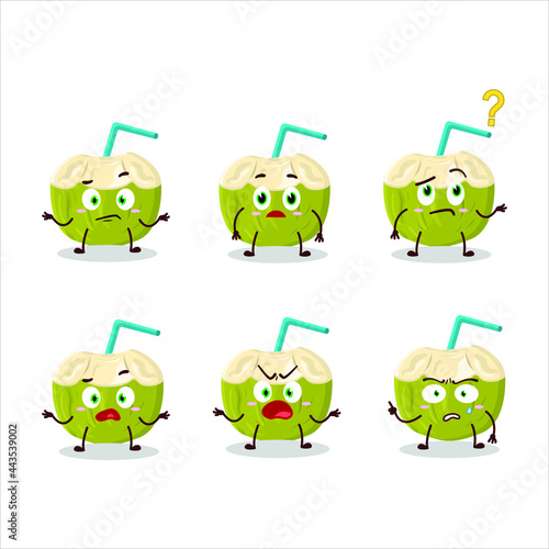 Cartoon character of green coconut drink with what expression. Vector illustration