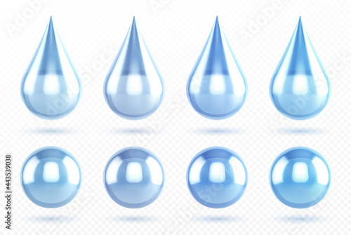 Blue water drops isolated on transparent background. Vector realistic icon set of liquid droplet and aqua spheres, clean and pure rain drips and shiny round dew